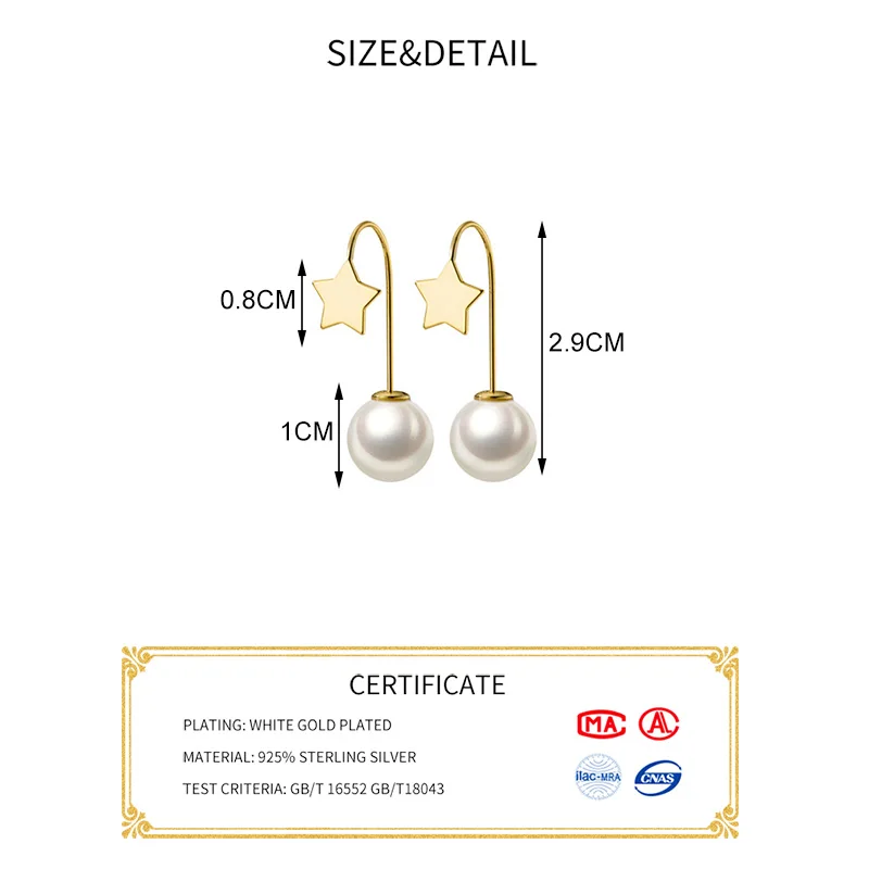 

Real 925 Sterling Silver Star Pearl Stud Earrings For Fashion Women Minimalist Fine Jewelry Cute Accessories