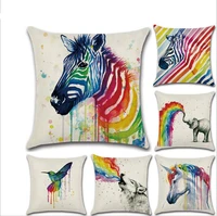 watercolor zebra elephant wolf horse bird linen pillowcase rainbow stripes animal printing car sofa cushion cover 4545cm