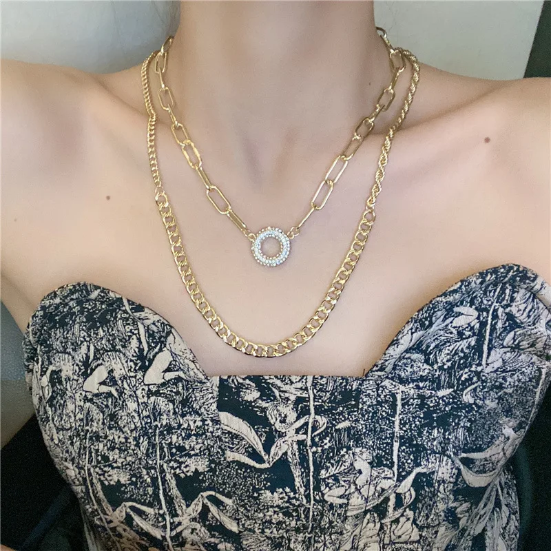 

New Design Crystal Clasp Pendant Necklace Hiphop Multi Chains Chokers Necklaces for Women Chunky Jewelry Statement Bijoux 2021