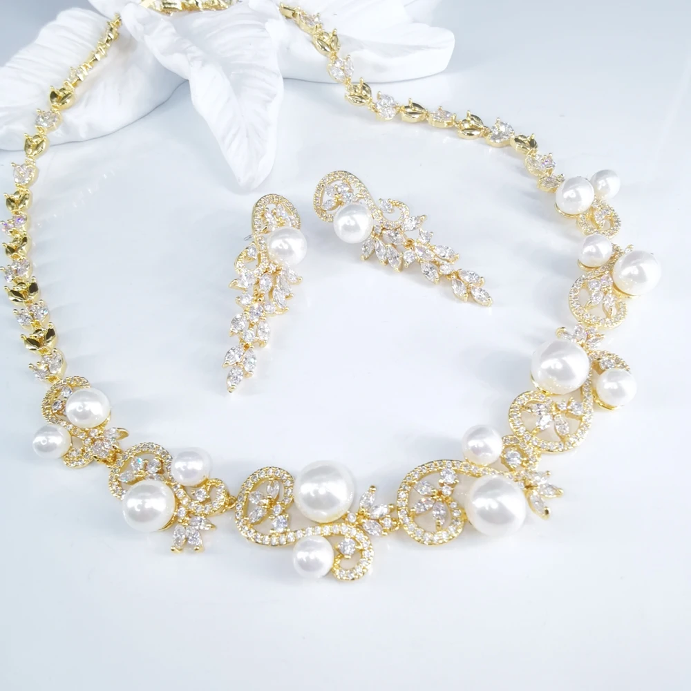 2020new fashion luxury shellpearl CZ Циркон золотое ожерелье серьги набор свадебный банкет