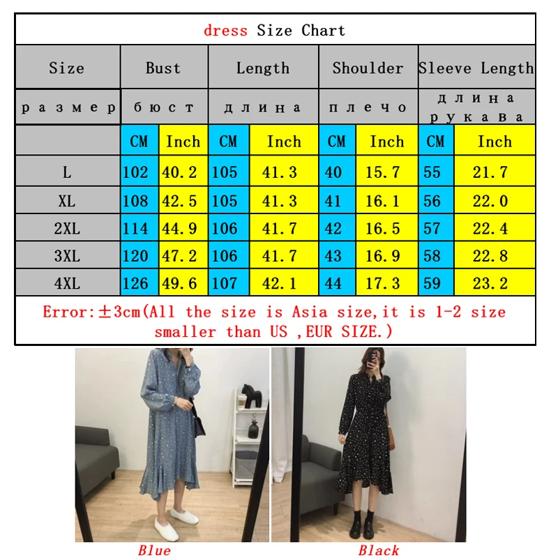 

2021 Autumn Women Chiffon Dress Plus Size 4XL Female Loose Vestidos Long Sleeve Dot Print Dress Asymmetricial Brand Robe KE2200