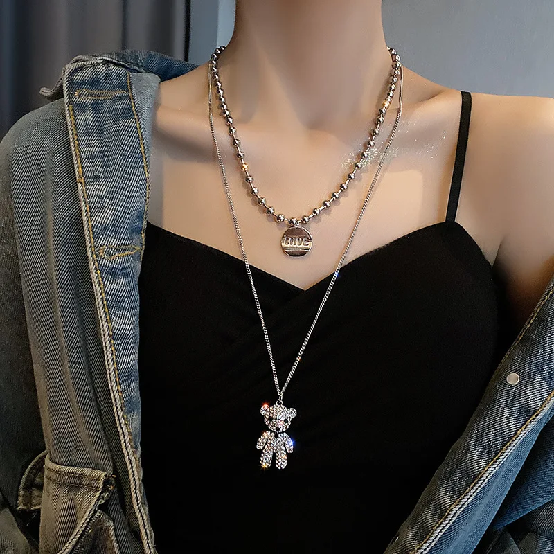 

Titanium Steel Full Diamond Double Layer Bear Necklace Female Rhinestone Hip-hop Tide Autumn and Winter High-end Sweater Chain
