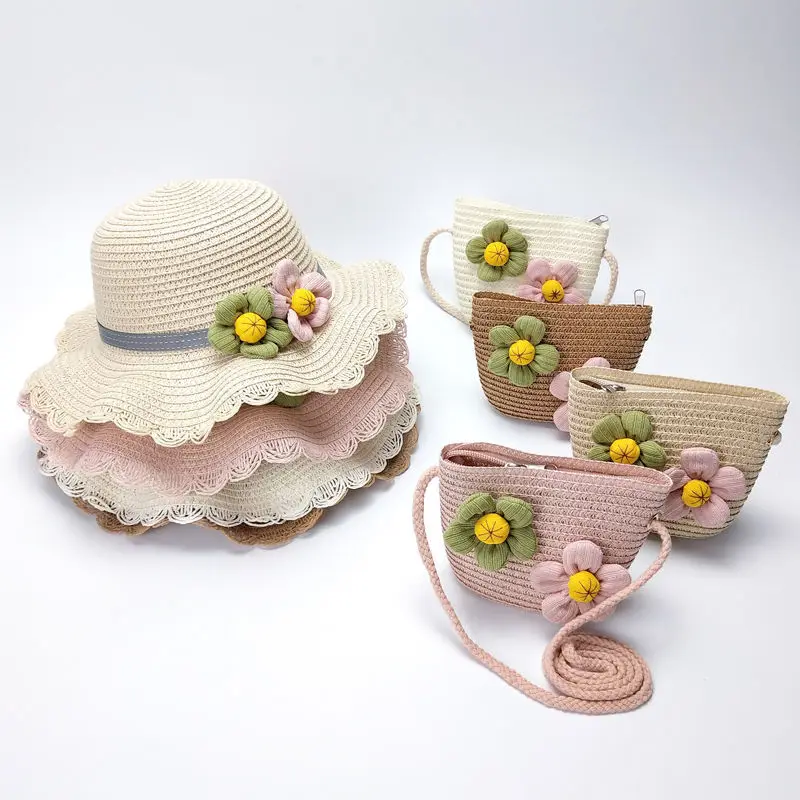 

Baby Summer Straw Hat Girl Kids Hats Caps Beach Accessories Handbag Sets Floppy Sun Hat Panama Hat Children Travel Holiday