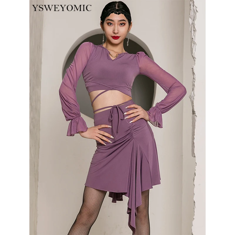 

2021 New Latin Dance Tops Women Bubble Sleeves V Neck Lace Up Shirt Latin Dance Costume Adult Cha Cha Samba Salsa Show Wear