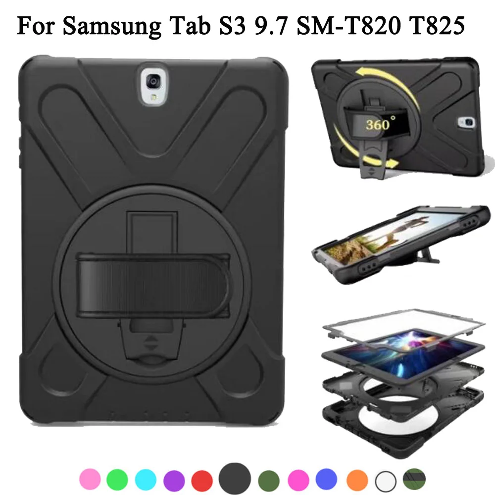 Чехол для Samsung Galaxy Tab S3 9,7 SM-T820 T825, вращающаяся подставка/ремешок для рук сверхмощный противоударный защитный чехол для всего тела