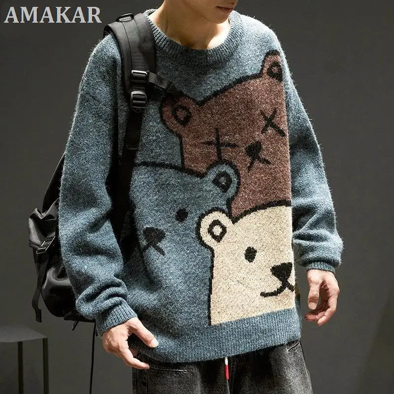

Cartoon Bear Sweater Men Winter Men Clothing Fashion Long Sleeve Knitted Pullover Sweater Oversized 2021 New Cotton Coat