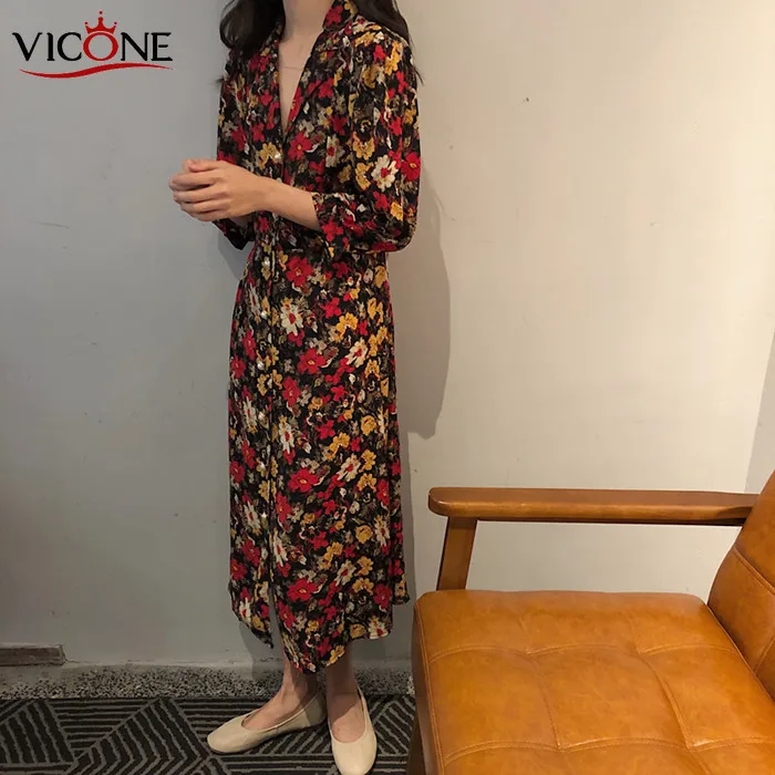 VICONE Printed Slim Pleated Dress Long Sleeves Flower Printting Dating Skinny WaistPleated | Женская одежда