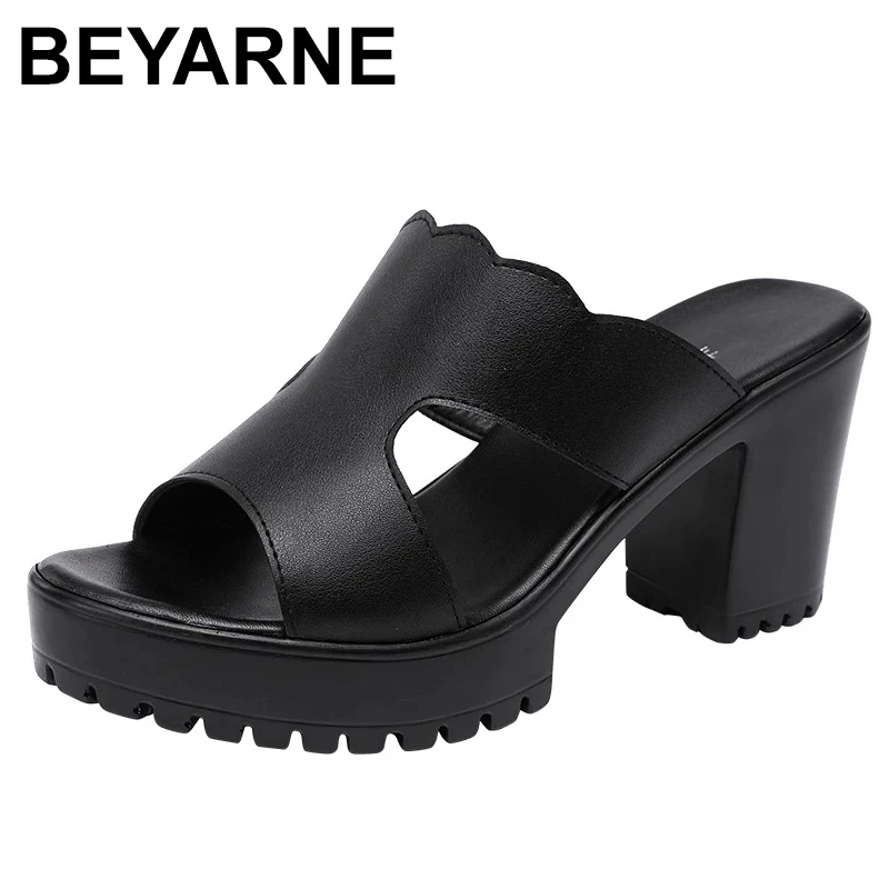 

BEYARNEBig Size32-43Block Heel Platform Slippers Women Wedding Shoes Summer2021Leather Slippers High Heels Slides Ladies Slipper