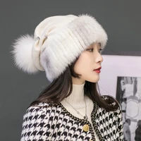 autumn and winter warm real mink fur hat fox fur ball womens high top hat elastic hat circumference double layer woolen hat