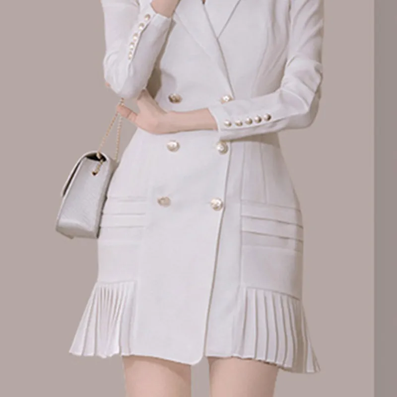 Autumn Fashion Blazer Women Temperament Double-breasted Lapel Long Sleeve Pleated Blazers OL Occupation Jacket Coat