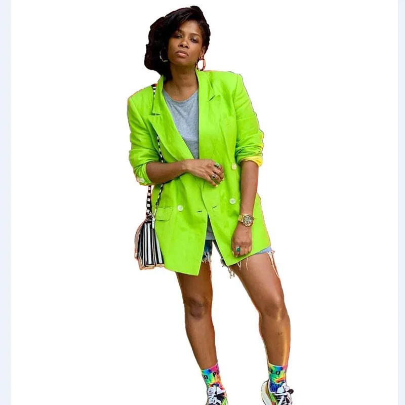 Неоново зеленый новый модный Женский блейзер с английским воротником двубортный