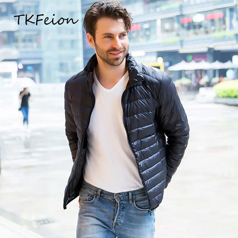 Осень зима 2018 мужское теплое пальто на утином пуху легкая приталенная куртка