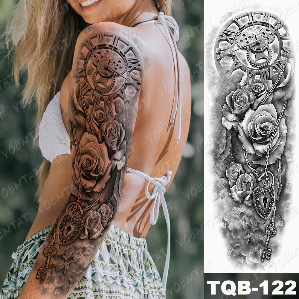 

Large Arm Sleeve Tattoo Hourglass Rose Eye Waterproof Temporary Tatto Sticker Angel Owl Body Art Full Fake Tatoo Women Men