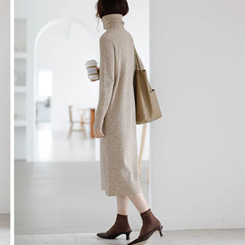 IClosam осенне зимнее женское трикотажное платье свитер с высоким воротом платья