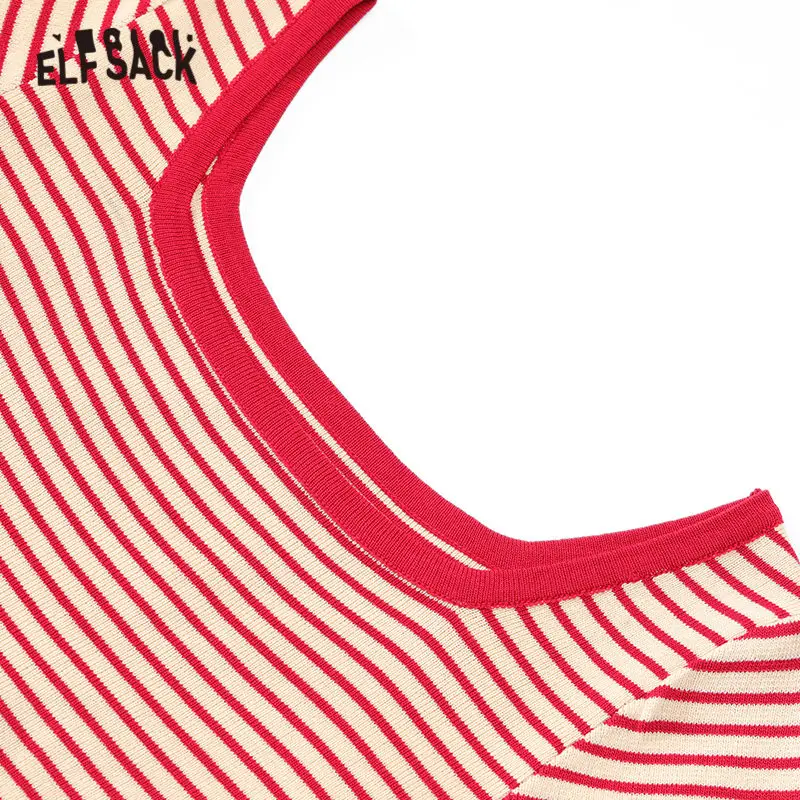 ELFSACK Red Striped Square Neck Casual T-Shirt Skinny Women Tops 2020 Spring Vintage White Short Sleeve Korean Ladies Basic Tee | Женская