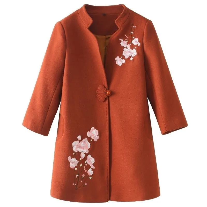 

Autumn Women's Woolen Coat New Embroidery Vintage Mid Long Overcoat Jacket Plus Size 5XL Middle-aged Female Blended Wool Coat