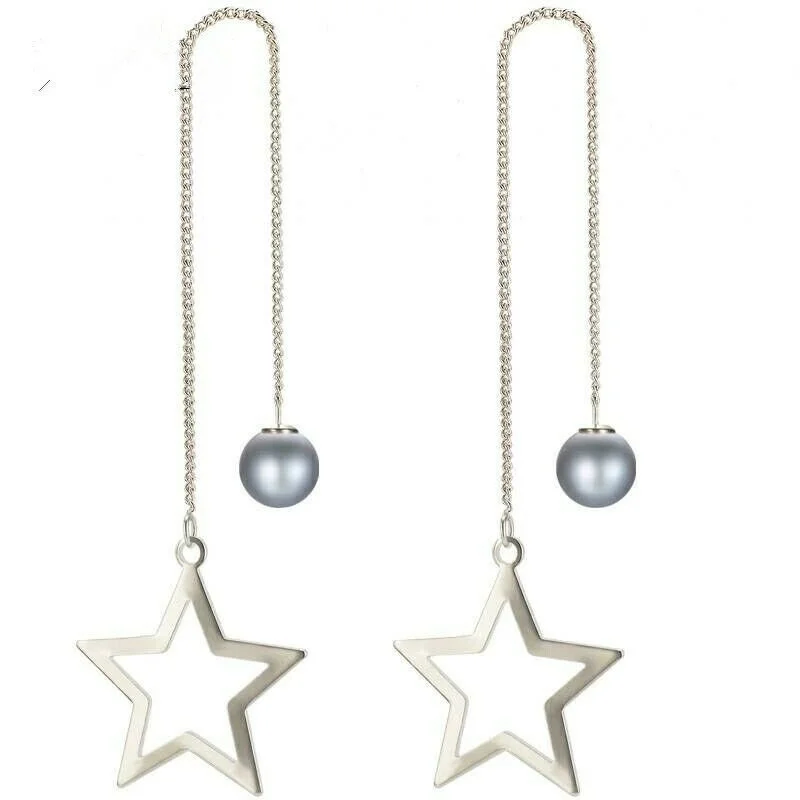 

Fashion Silver Stars And Gray Pearl Tassel Drop Dangle Earrings Wedding Gift