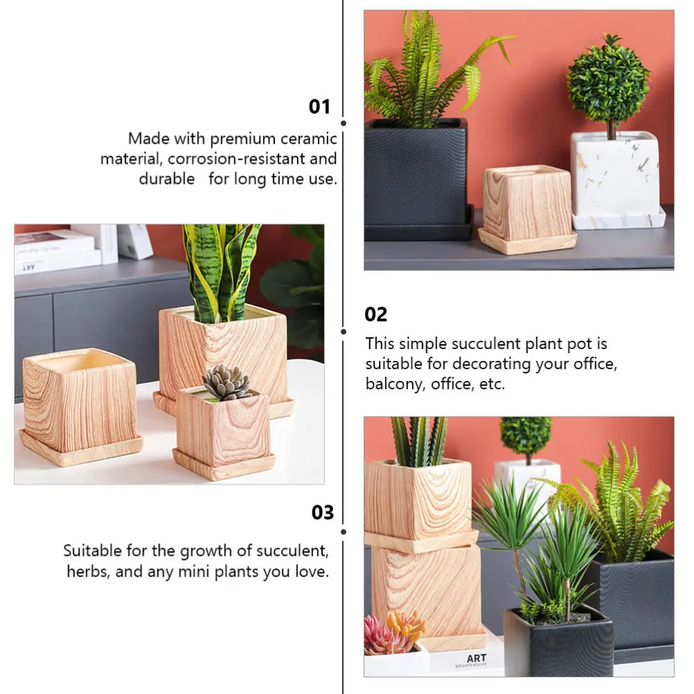 

1pc Ceramic Flowerpot Wood Texture Succulent Planter Plants Bonsai Flower Pot