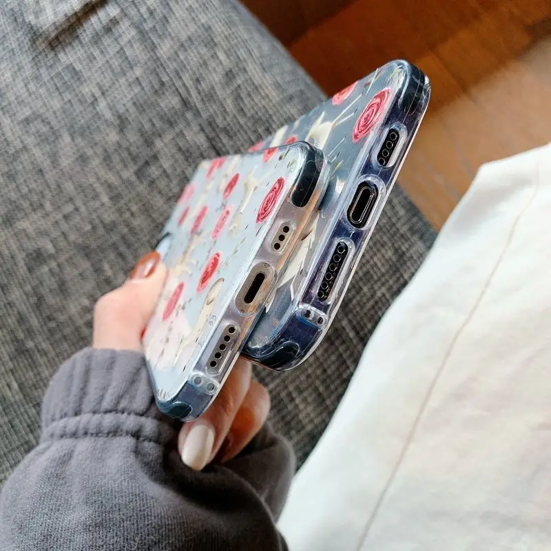 

Fashion Sika Deer Rose Flower Phone Case For iPhone 11 Pro Max 12 Mini X XR XS Max 7 8 Plus SE 2020 Clear Soft Silicone Cover