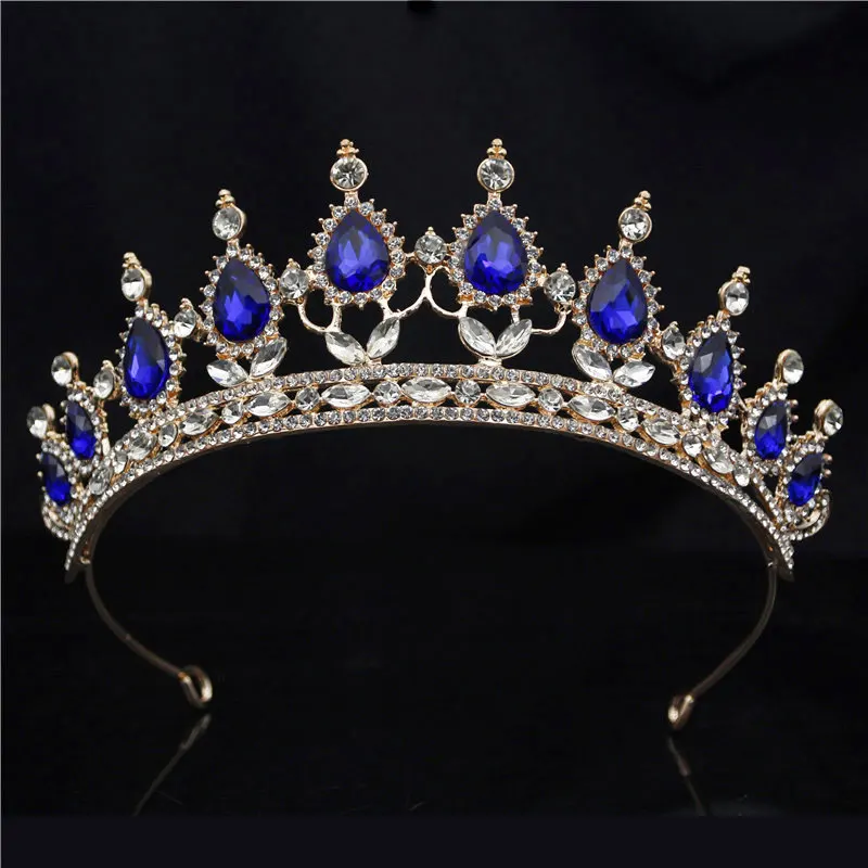 Gold Blue Винтажная диадема в стиле барокко с золотыми кристаллами, корона для королевской диадемы, свадебная корона, диадемы, ободки для невесты, свадебные украшения для волос, аксессуары - Окраска металла: Gold Blue