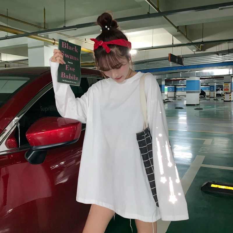 Harajuku светоотражающий принт с длинным рукавом корейская мода Женская одежда roupas