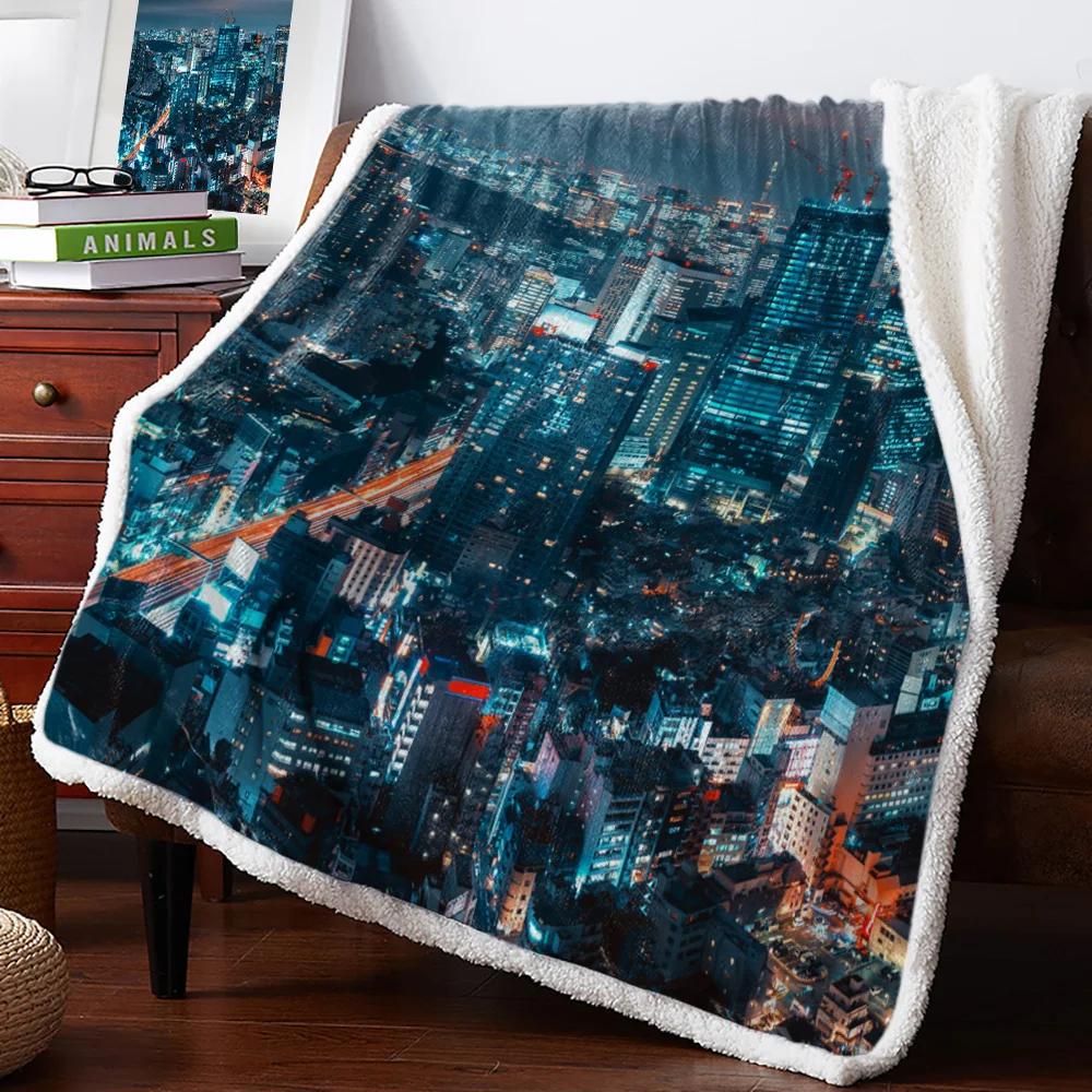 Голубое ночное здание города теплое мягкое одеяло офисный диван плюшевое