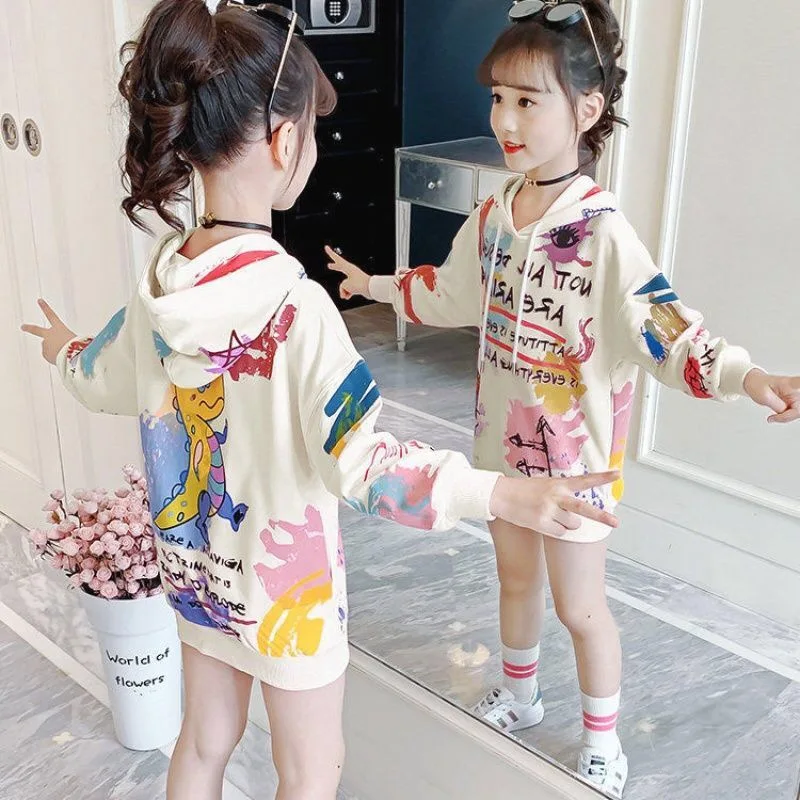 

2021 New dress for girls Spring Autumn Hooded skirt Streetwear Graffiti print Sweatshirt Teenager Costume 3-14T