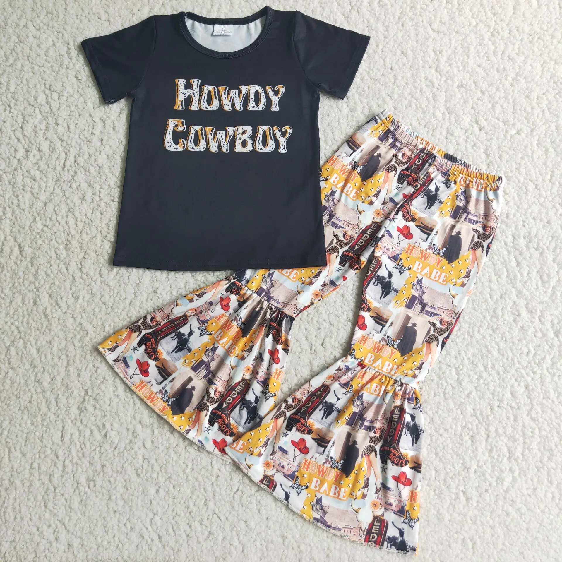 Howdy BABE Cowboy Western girl's outfit toddler girl letter shirt bell bottom trousers fashion 2-piece set