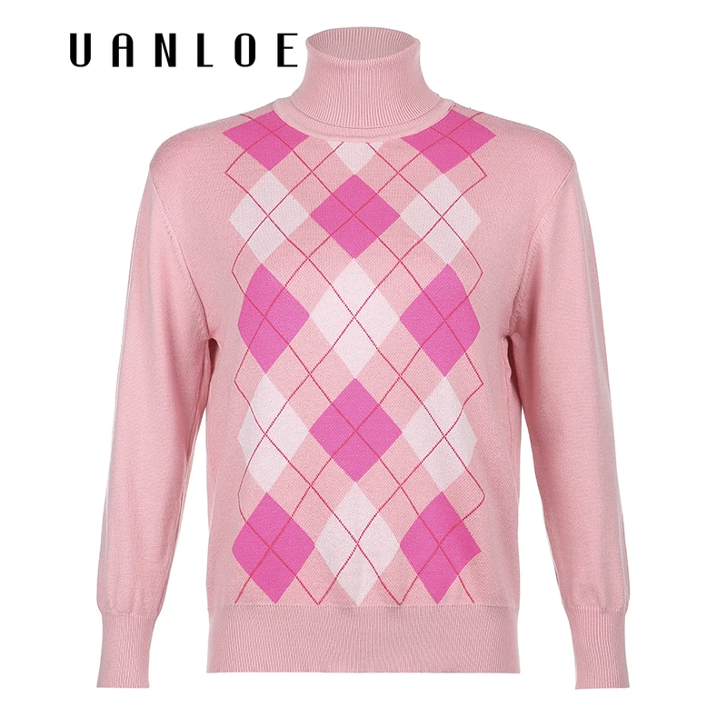 

Вязаный джемпер UANLOEY2K с принтом в виде ромбиков, модный осенний свитер с высоким воротником, клетчатый Повседневный Женский вязаный пуловер...