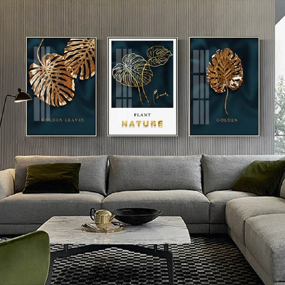 

3 Pieces Abstract Gold Nature Plant Leaves Canvas Print Wall Art Posters Decorative Wall Paintings for Living Room Home Decor