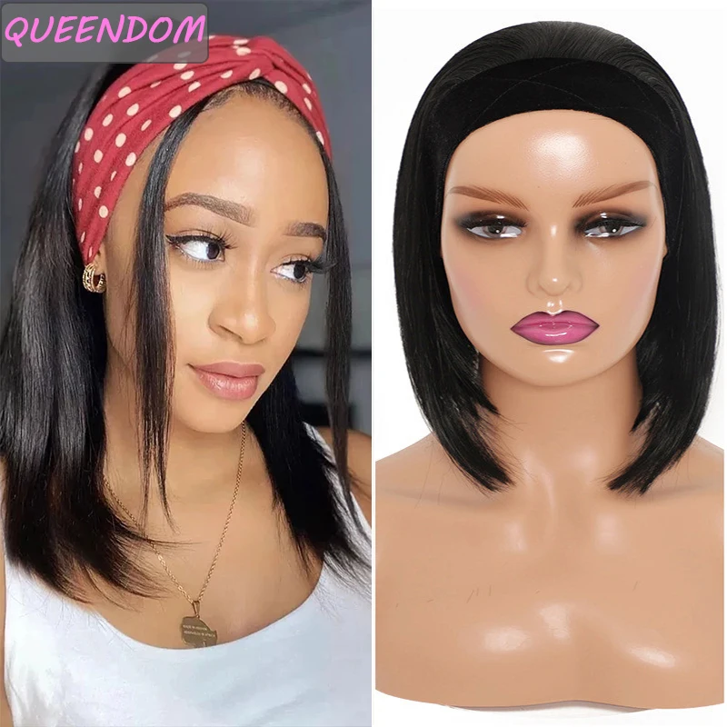 

Short Straight Bob Headband Wigs for Black Women Natural Black Bob Head Band Wig with Scarf Synthetic Cosplay Headscarf Wig