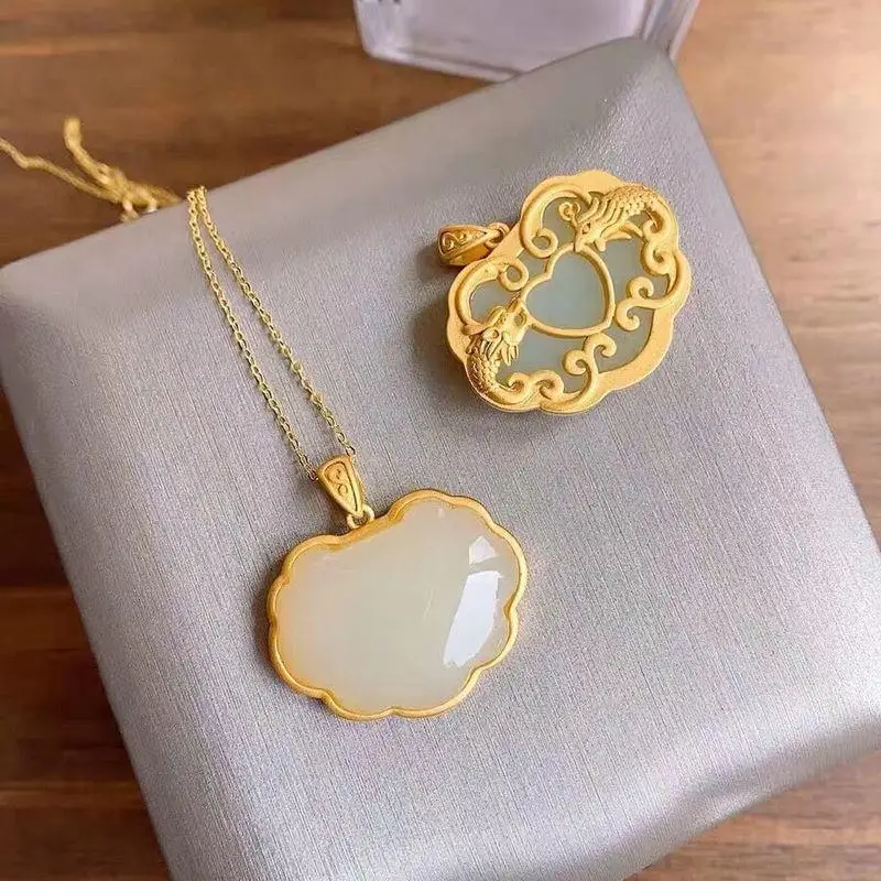 

Natural Hetian Jade Double-Sided Lock of Safeness and Luck Pendant Prosperity Brought by the Dragon and the Phoenix S925 Sterlin