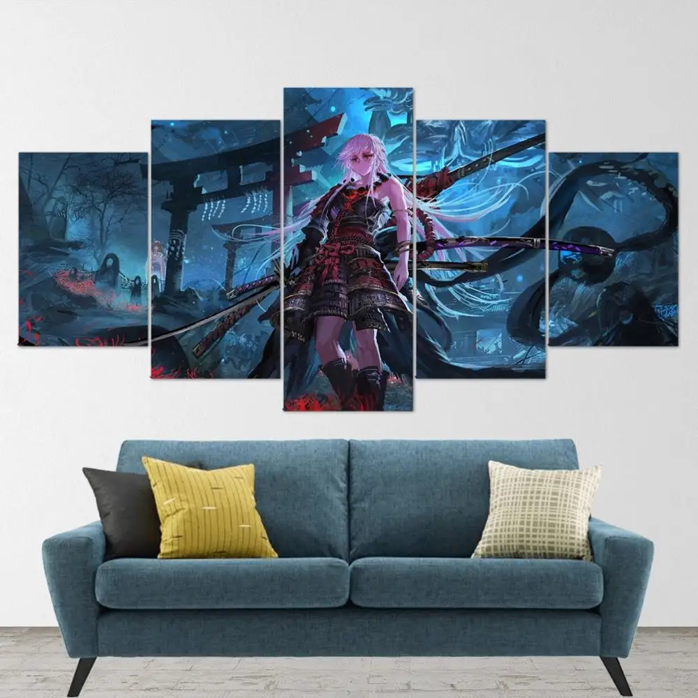 

5 Piece Wall Art Canvas Anime Poster Samurai Girl Katana Manga Figure Pictures Modern Home Wall Mounted Decoration Paintings