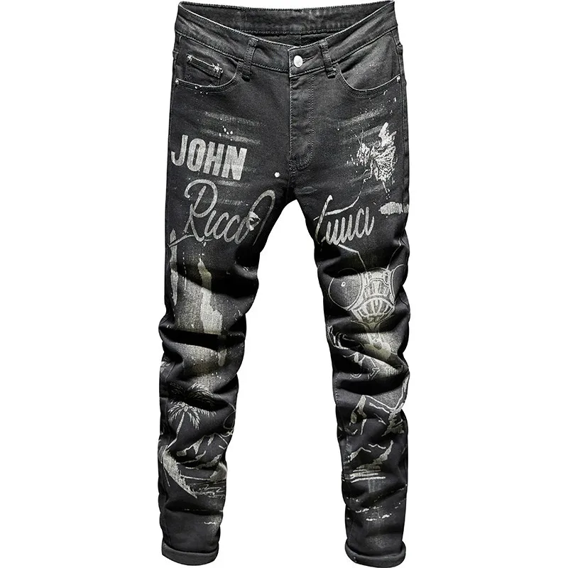 

Spring Autumn Men's Casual Jeans Creative Fashion Hip-hop Creative Graffiti Printed Decor Slim Male Quality Trousers