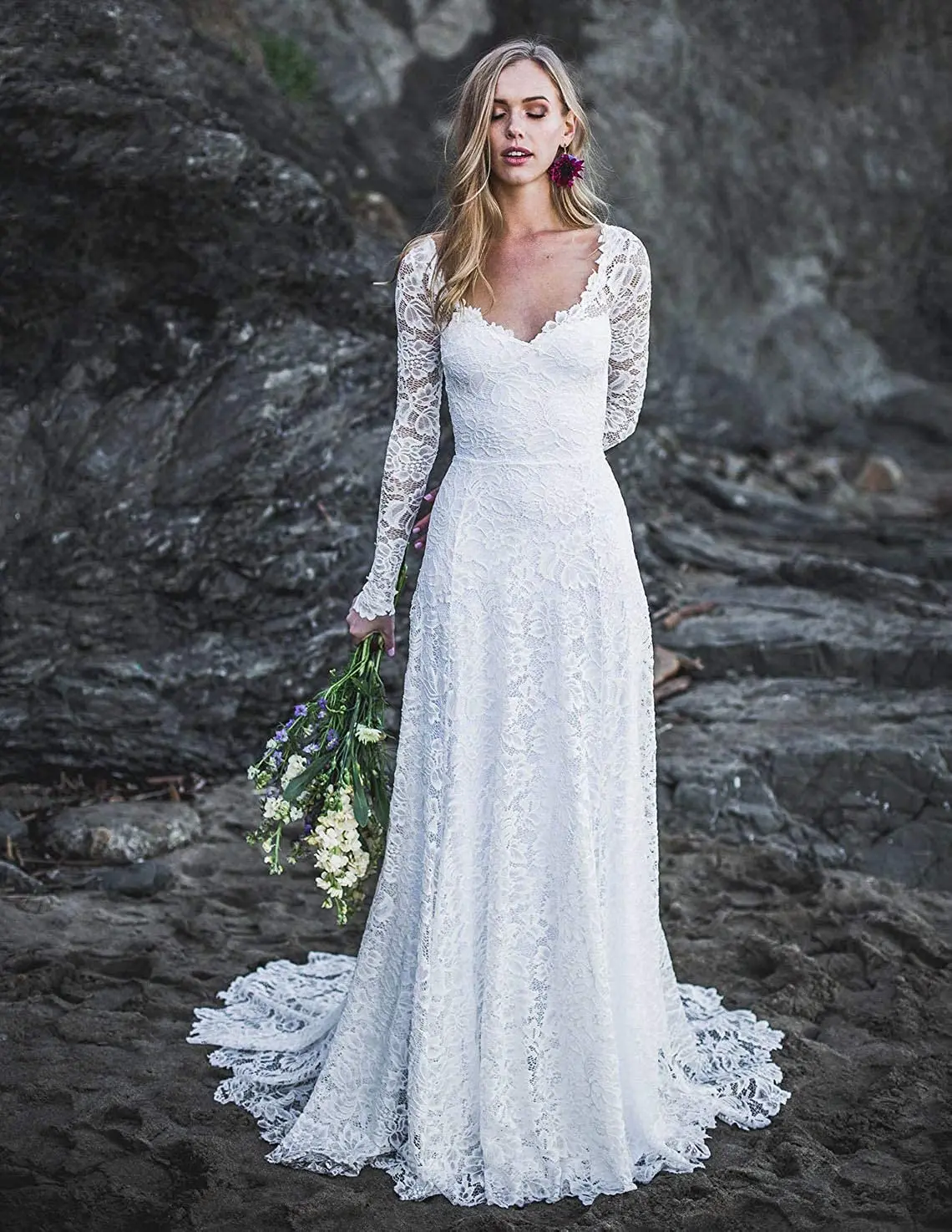 Женское свадебное платье с V образным вырезом кружевное длинными рукавами для