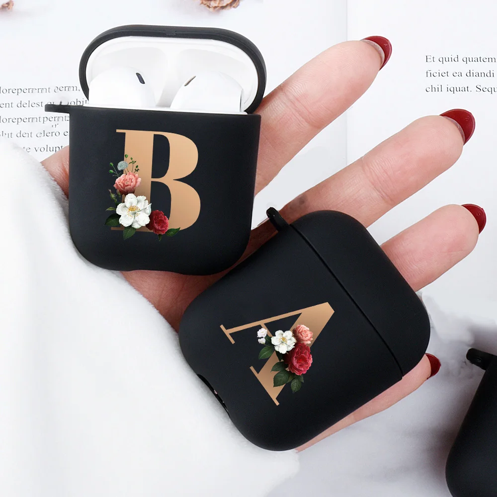 

Cute Floral Gold Initial alphabet Letter AirPods Case For Airpod 2 Cases Silicone Wireless Bluetooth Earphone Cover Matte Black