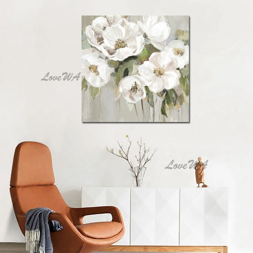 

New Style Simple But Elegant Beautiful White Flower Oil Painting Canvas Art Modern Wall Picture For Bedroom Home Decor No Framed