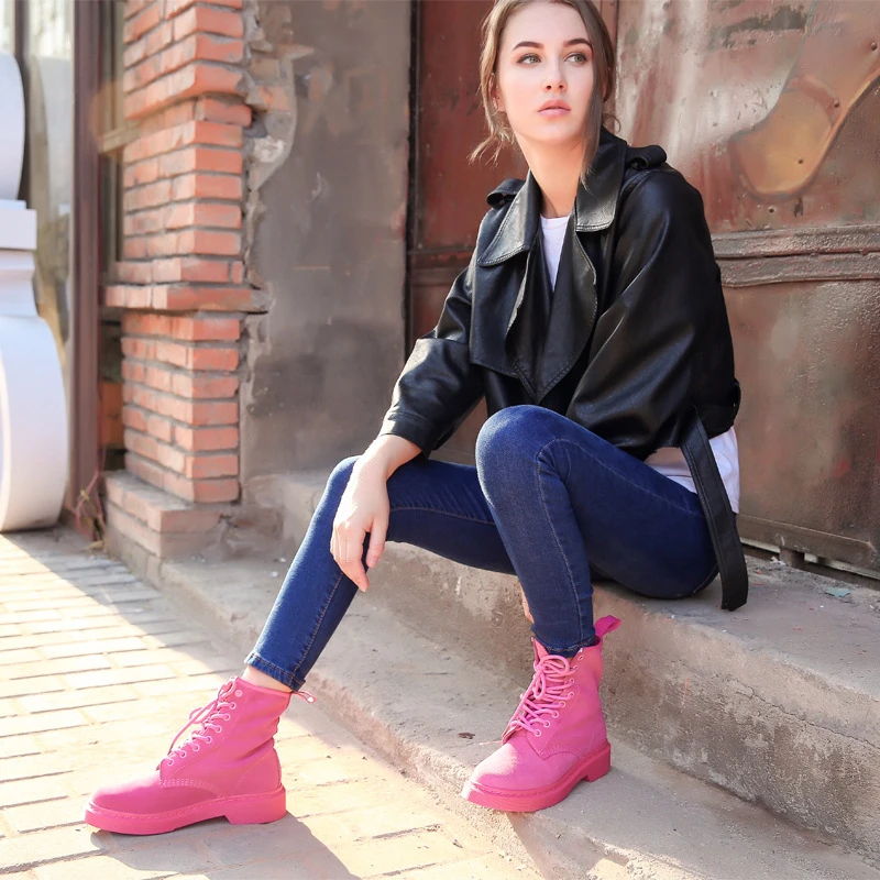 

Winter motorcycle boots Women Genuine Leather Ankle Boots Comfortable quality soft Shoes Brand Designer Handmade 2020 pink black