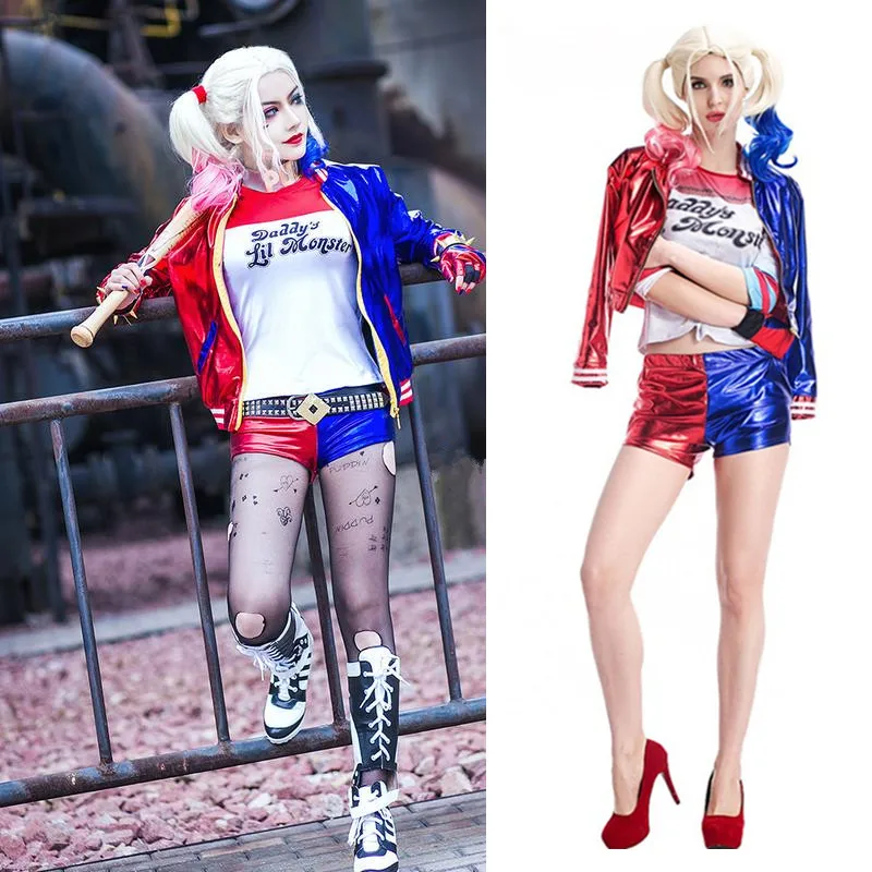 

Women Girls Carnival Party Harleen Quinzel Cosplay Costume T-shirts Top Jacket With Wig Costumes