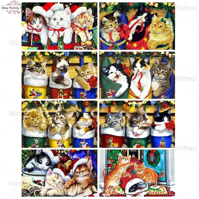 

DIY 5D Diamond Painting Christmas Kittens Full Drill Square Round Diamond Embroidery Cat Picture Of Rhinestones Christmas Decor