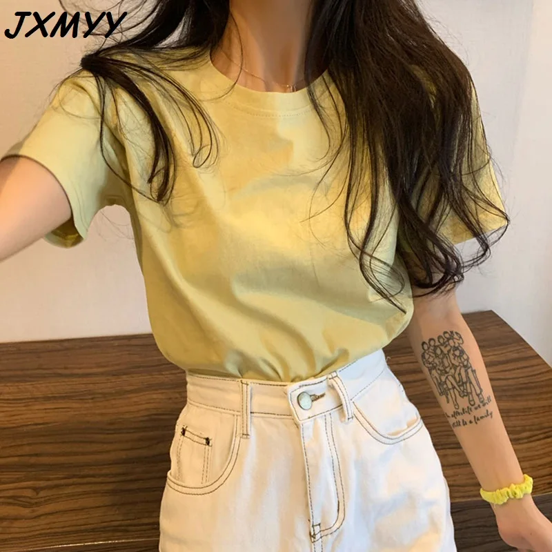 

2021 spring and summer new solid color T-shirt loose and thin, versatile multi-color basic round neck short-sleeved top JXMYY