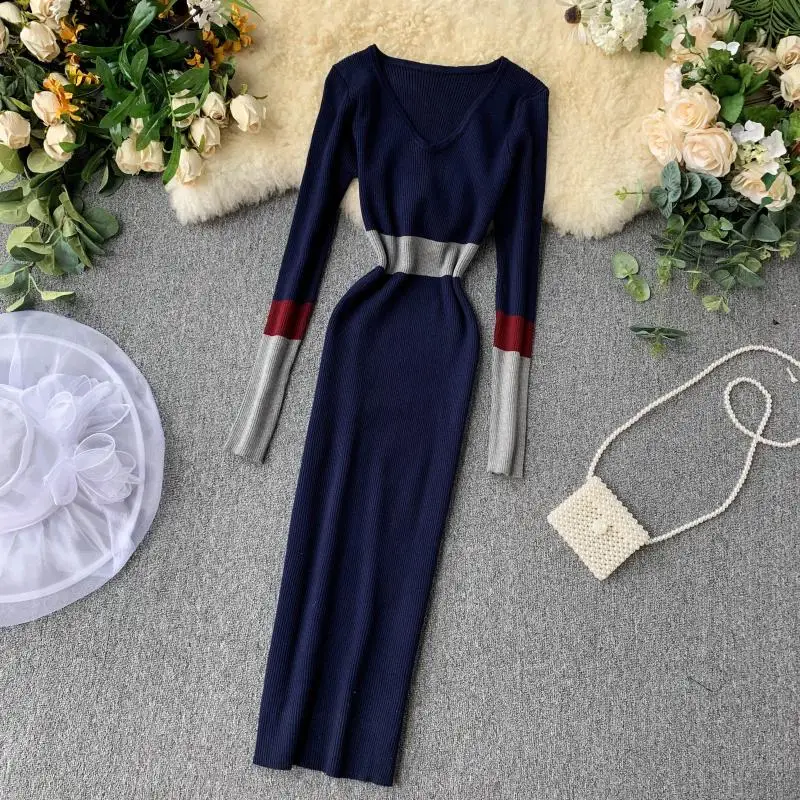 ALPHALMODA осеннее Новое винтажное вязаное платье женское цветное Элегантное зимнее платье с длинными рукавами вязаное платье-футляр