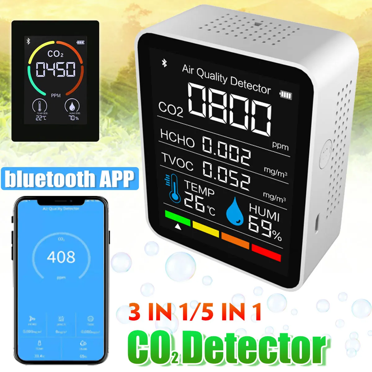

APP bluetooth 5 in1 CO2 Meter Digital Temperature Humidity Sensor Tester Air Quality Monitor Carbon Dioxide TVOC HCHO Detector