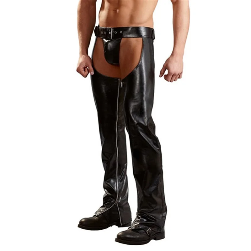 

Sexy Mens Trousers Open Crotch PU Leather Latex Loose Long Pants Fringed Thongs Fitness Clubwear Gay Sexy Wetlook Jogger Pants