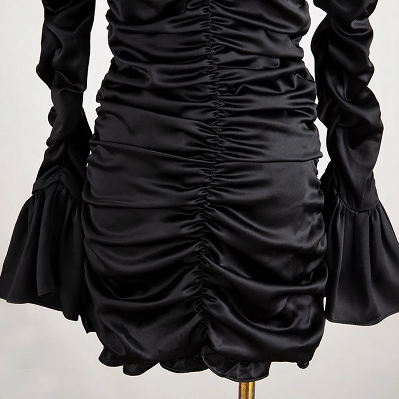 

Women Sheath Bodycon Dress Hollow Out Flare Sleeve High Waist Ruched Sexy Dress