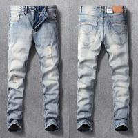 italian style fashion men jeans retro light gray blue elastic slim fit ripped jeans patched designer vintage casual denim pants