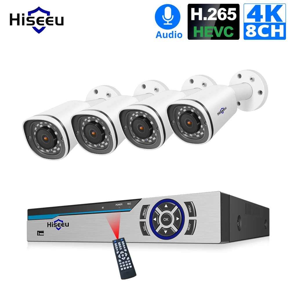 Hiseeu 4K система безопасности 8CH POE NVR 8MP наружная Водонепроницаемая ip камеры с