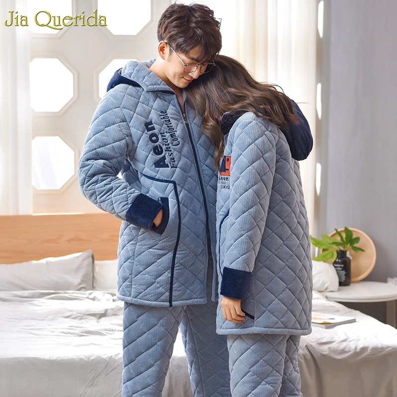 New Couple Winter Velvet Pajamas 3 Layer Padded Warm Home Clothing Hooded Cardigan Zipper Jacket Chic Embroidery Couple Pajamas