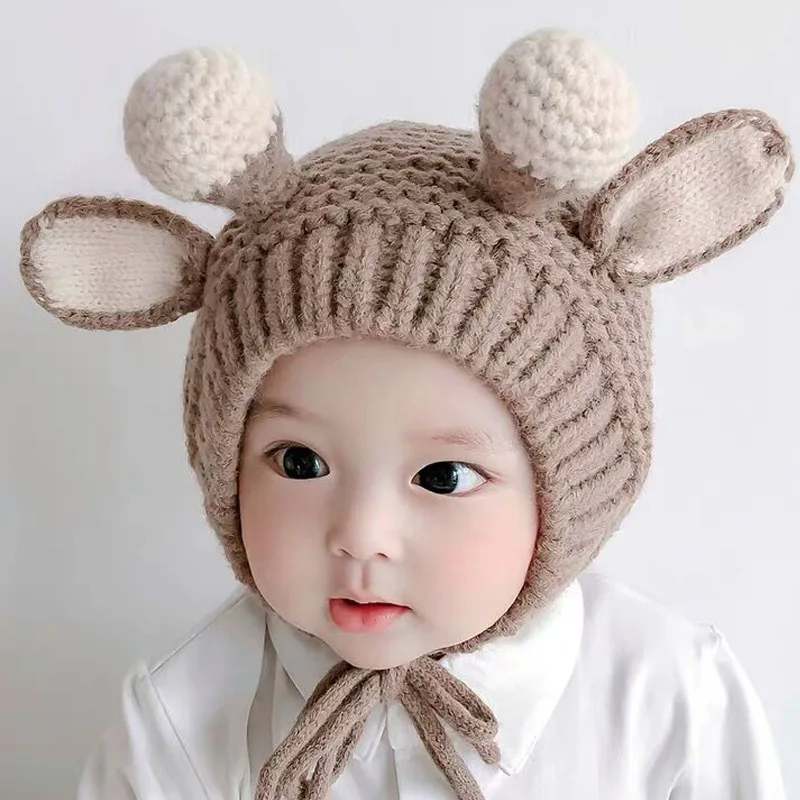 

New Year Christmas Antlers Theme Baby Hat Winter Hats Thick Warm Cap for Boys Girls Solid Color Crochet Knitted Beanie Baby Caps