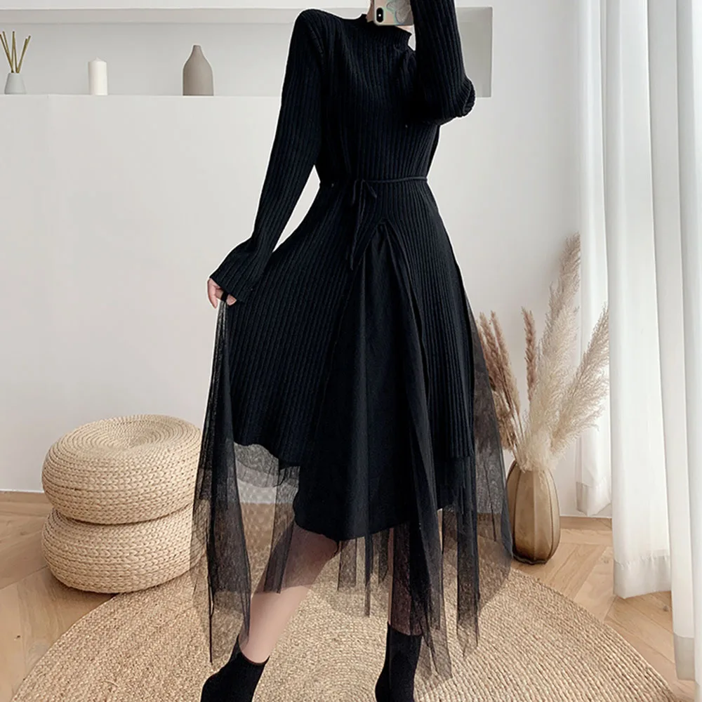 

Two Piece Sets Women New Net Yarn High Waist Skirt Solid Color Long Round Neck Long Sleeve Dress Korean Fashion Casual Autumn